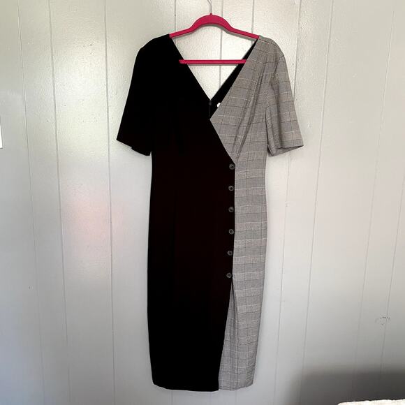 Fame and Partners Everly Black Plaid Button Front Short Sleeve Midi Dress 12 - Picture 3 of 10
